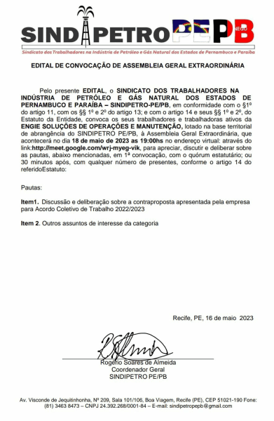 Edital de Assembleia SINDIPETRO PE/PB